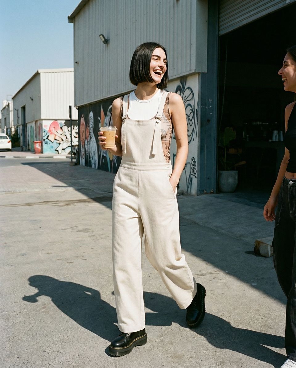 A woman laughs on a sunlit street in Dubai, wearing the Raw Canvas overall over a white tank top.