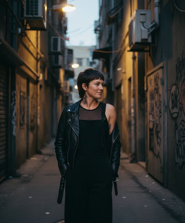 A woman with a tattooed neck stands in a lamplit alley at dusk, wearing the Deep Slate overall under a leather jacket.